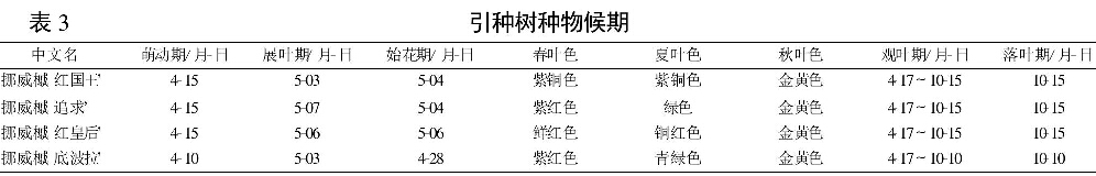 表3 引种树种物候期